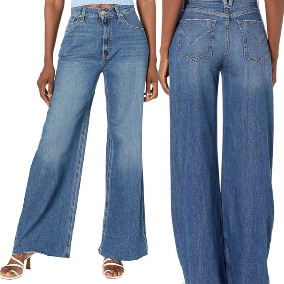 Hudson Jeans Denim - HUDSON Jodie Wide Leg Raw Hem Zipper Fly Jeans in Stages Wash